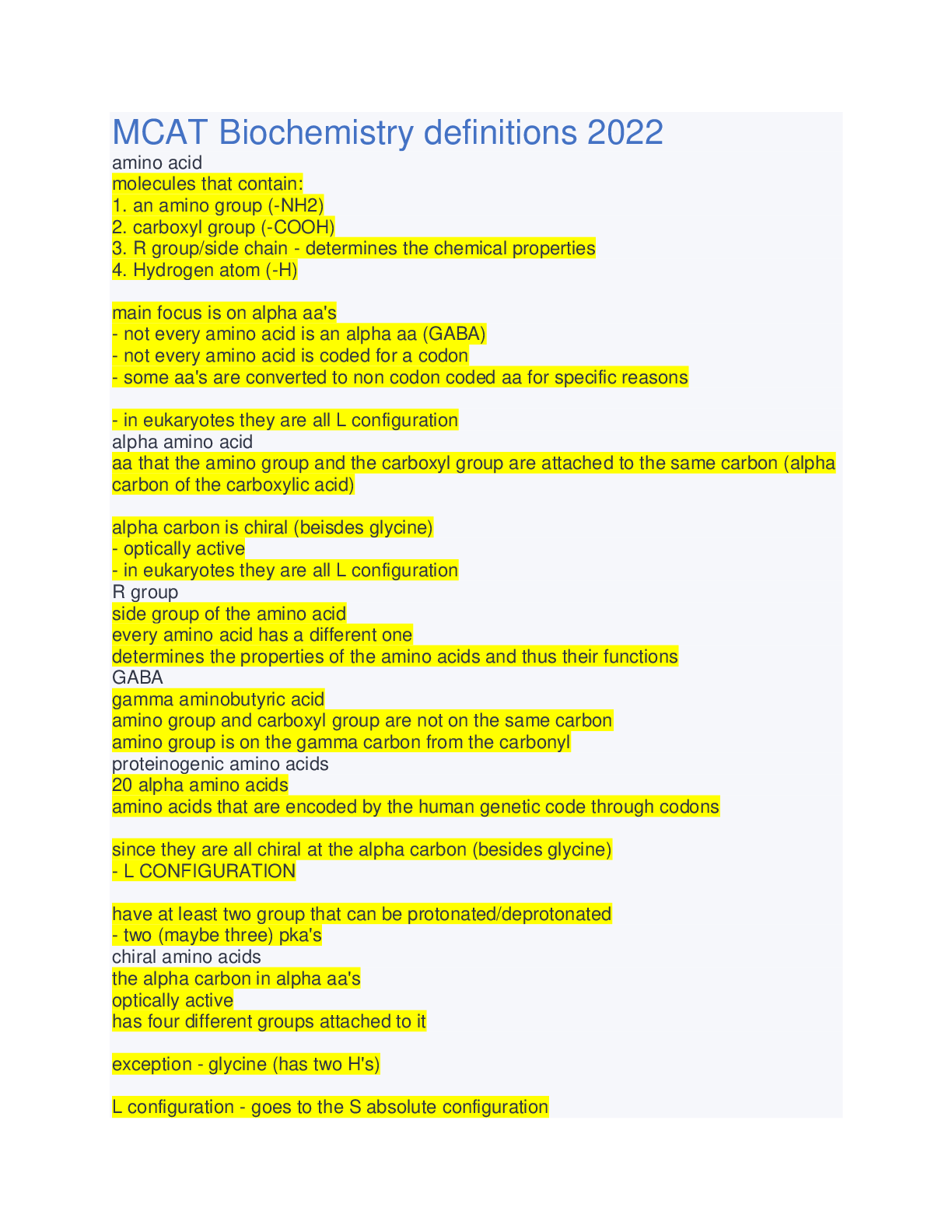 MCAT Biochemistry Definitions and words 2022 Browsegrades